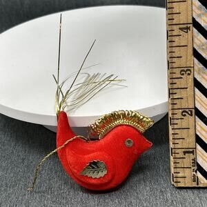 Vintage Red Flocked Bird Ornament Gold Crest Wing Tail Feathers Christmas Decor
